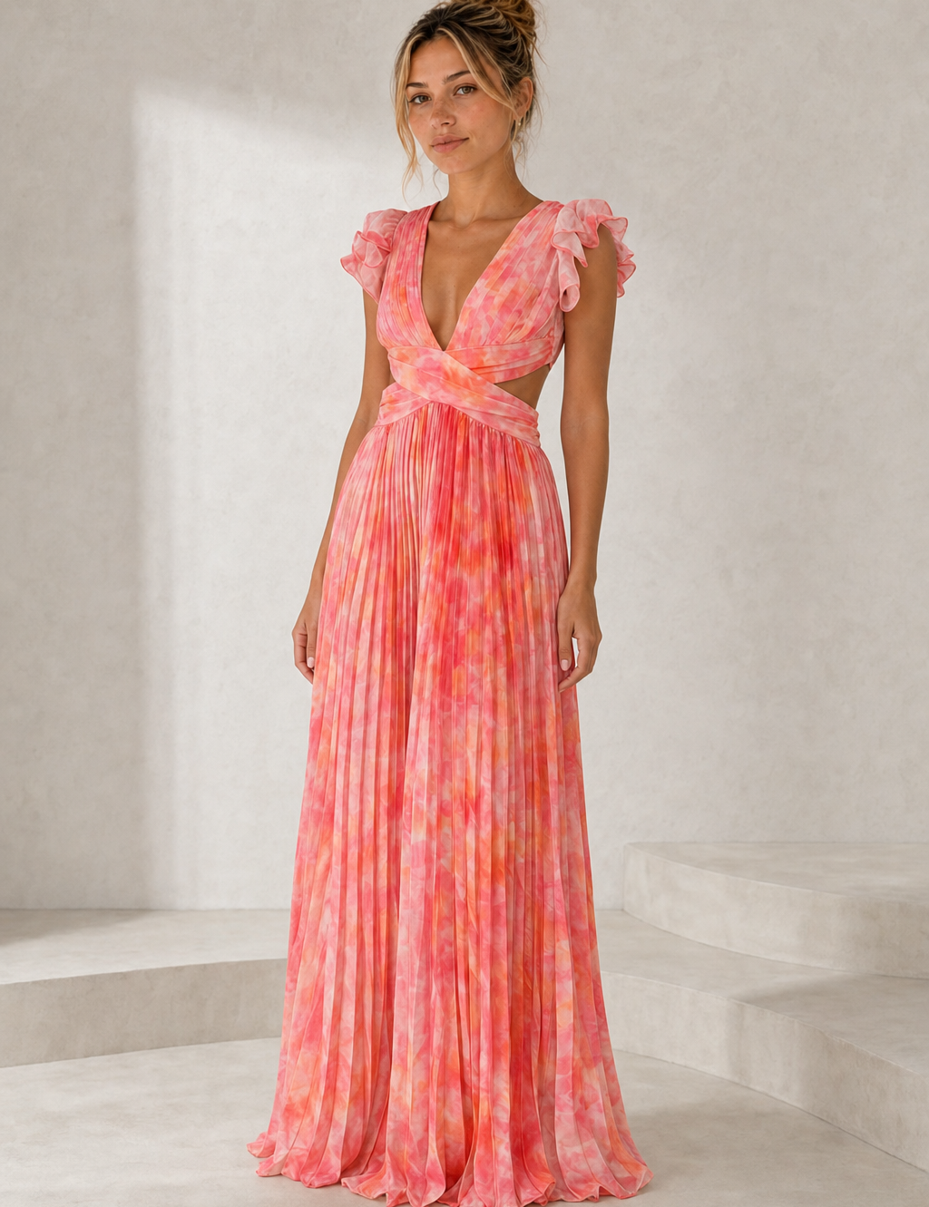 Robe longue imprimée dos lacé vue de face - Lounelle Paris