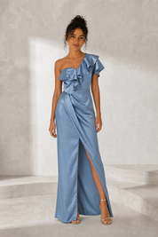 Robe longue satinée asymétrique variante bleu