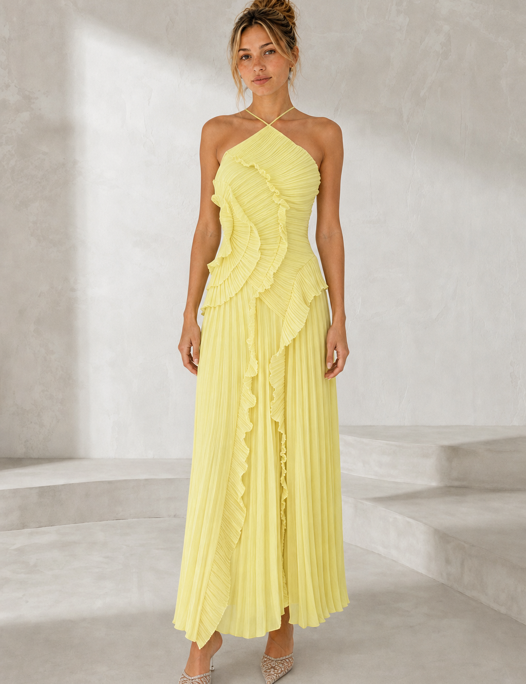 Robe longue col halter à volants variante jaune