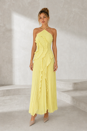 Robe longue col halter à volants variante jaune
