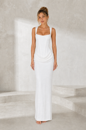 Robe longue encolure carrée drapée variante blanc