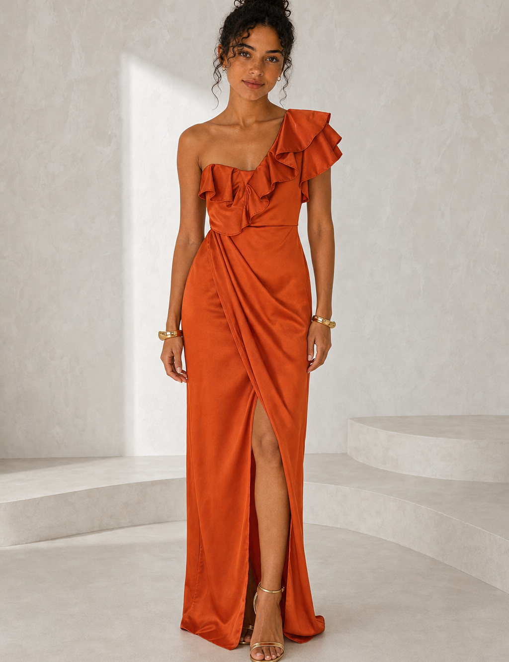 Robe longue satinée asymétrique variante orange