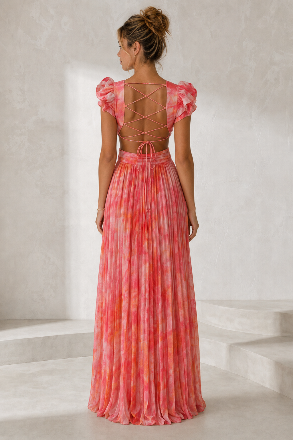 Robe longue imprimée dos lacé vue de dos