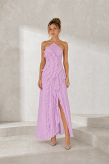Pleated Ruffle Halter Maxi Dress