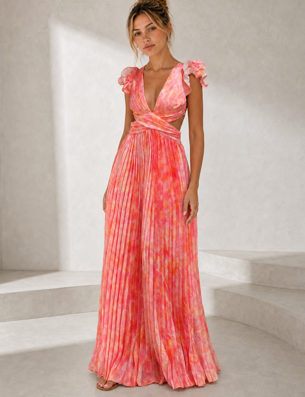 Robe longue imprimée dos lacé porté en look décontracté