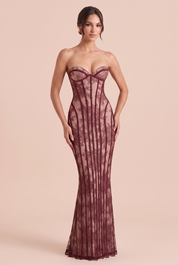Robe bustier en dentelle dos lacé variante bordeaux