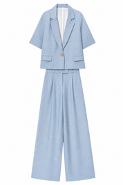 Tailleur pantalon bleu clair manches courtes | Lounelle Paris