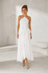 Pleated Ruffle Halter Maxi Dress
