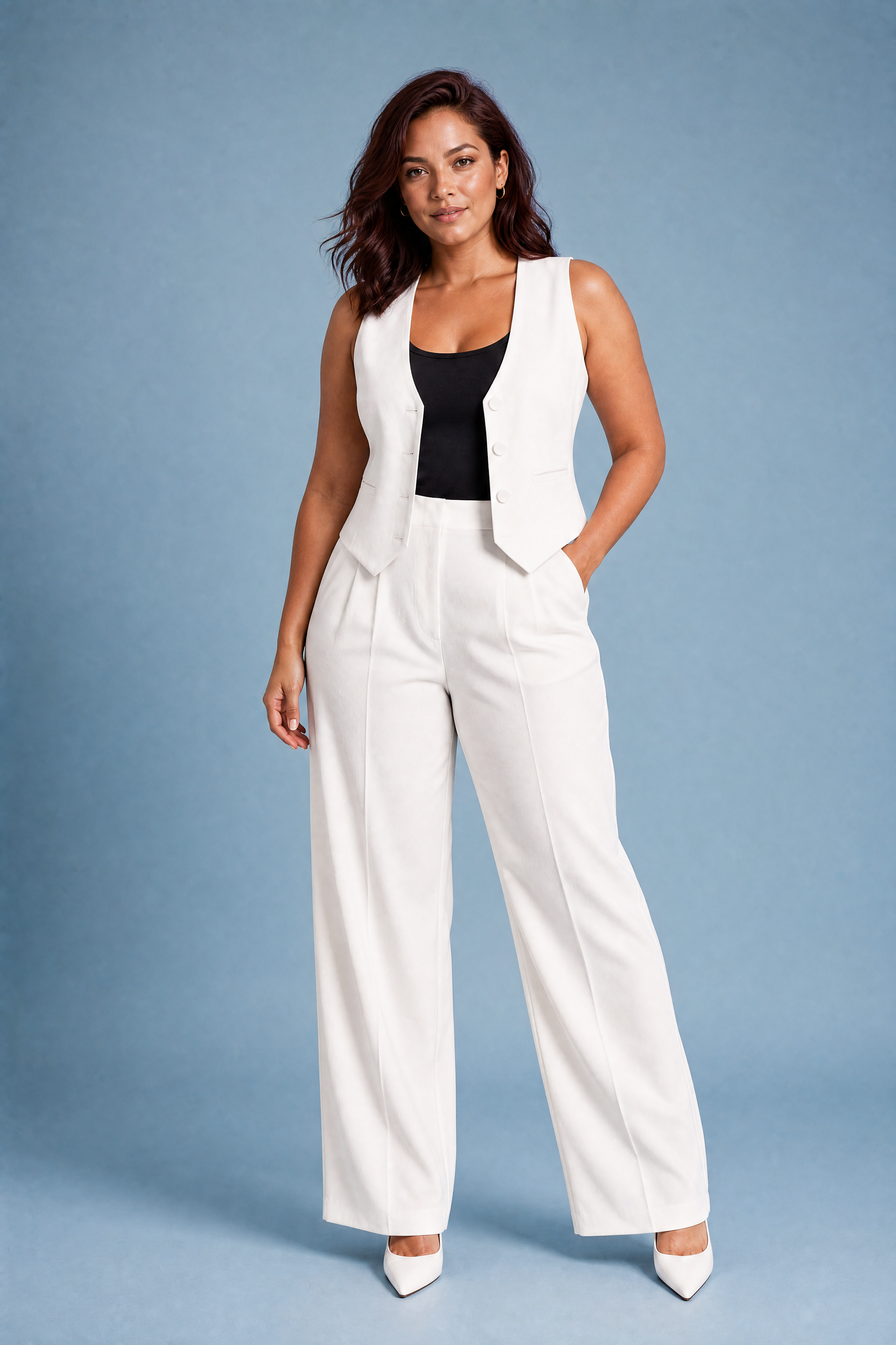 Ensemble gilet col V pantalon large | Porté sur une autre silhouette | Lounelle Paris