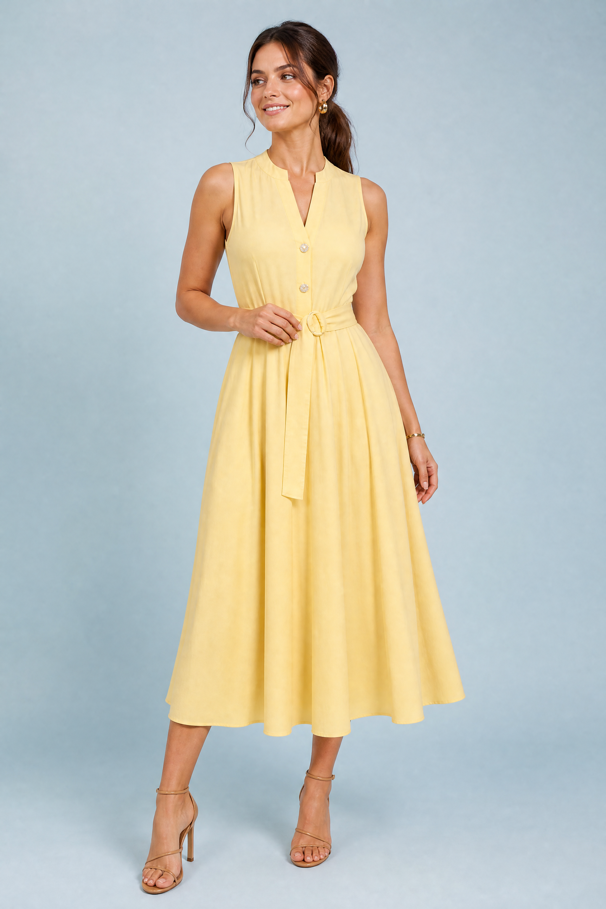 Robe jaune col en V ceinturée | Vue de face | Lounelle Paris