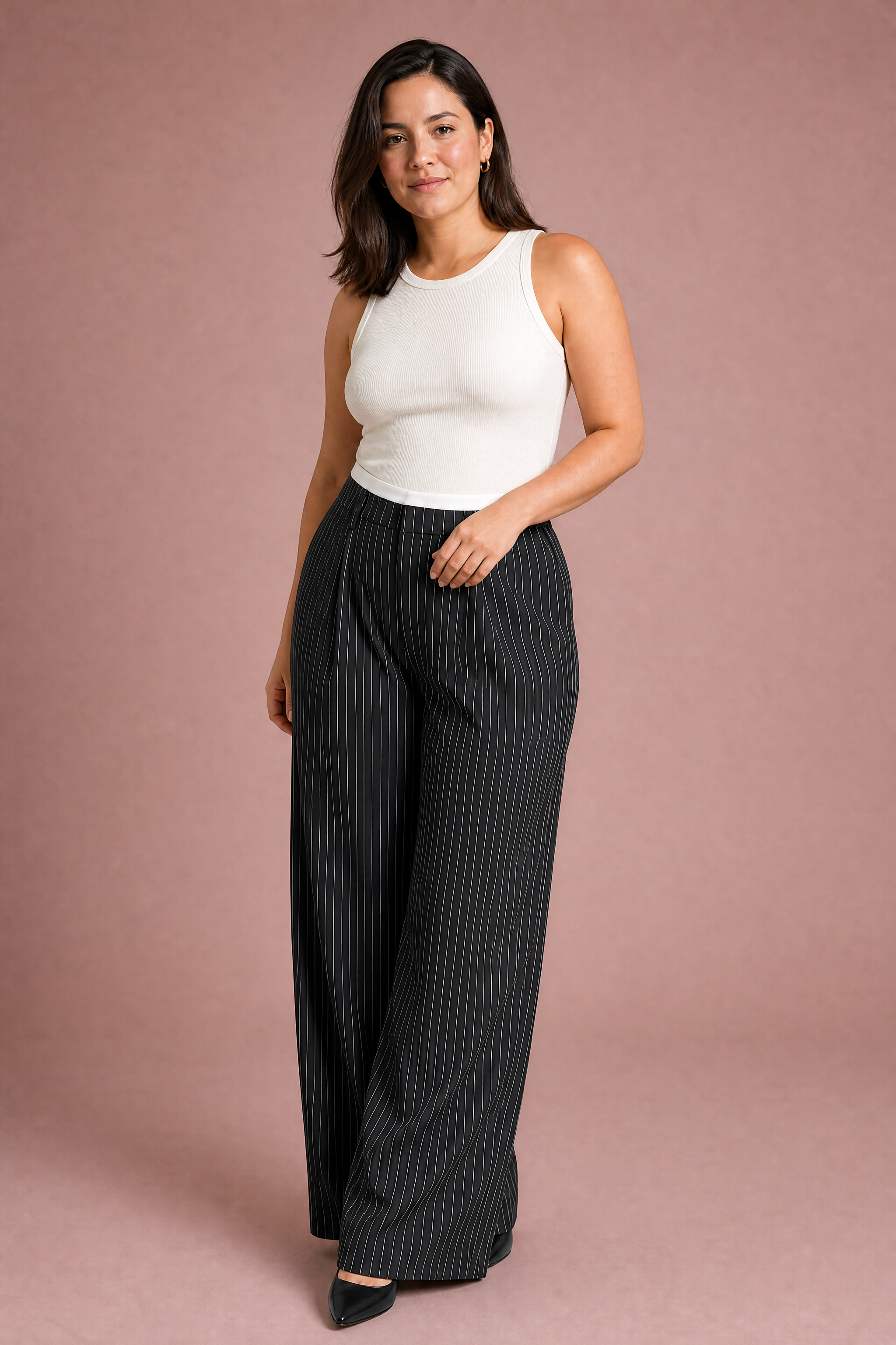 Pantalon large rayé taille haute | Porté sur une autre silhouette | Lounelle Paris