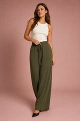 Olive Green Wide-Leg Drawstring Pants