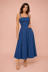 Blue Denim Cami-Strap Flared Midi Dress