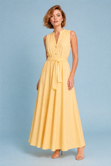Light Yellow Sleeveless Button-Front Belted Dress