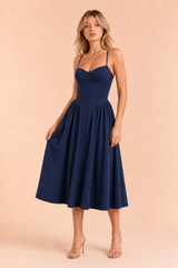Navy Square-Neck Strappy Midi Dress