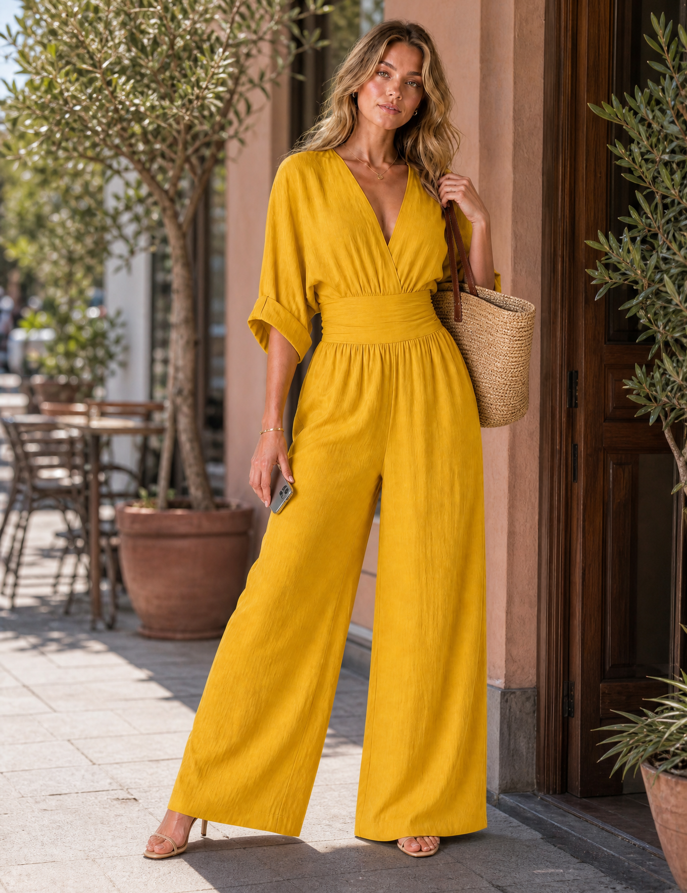 Combinaison col V taille haute | Variante Jaune - Lifestyle | Lounelle Paris