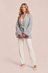 Belted Shawl-Collar Coat with Faux-Fur Cuffs