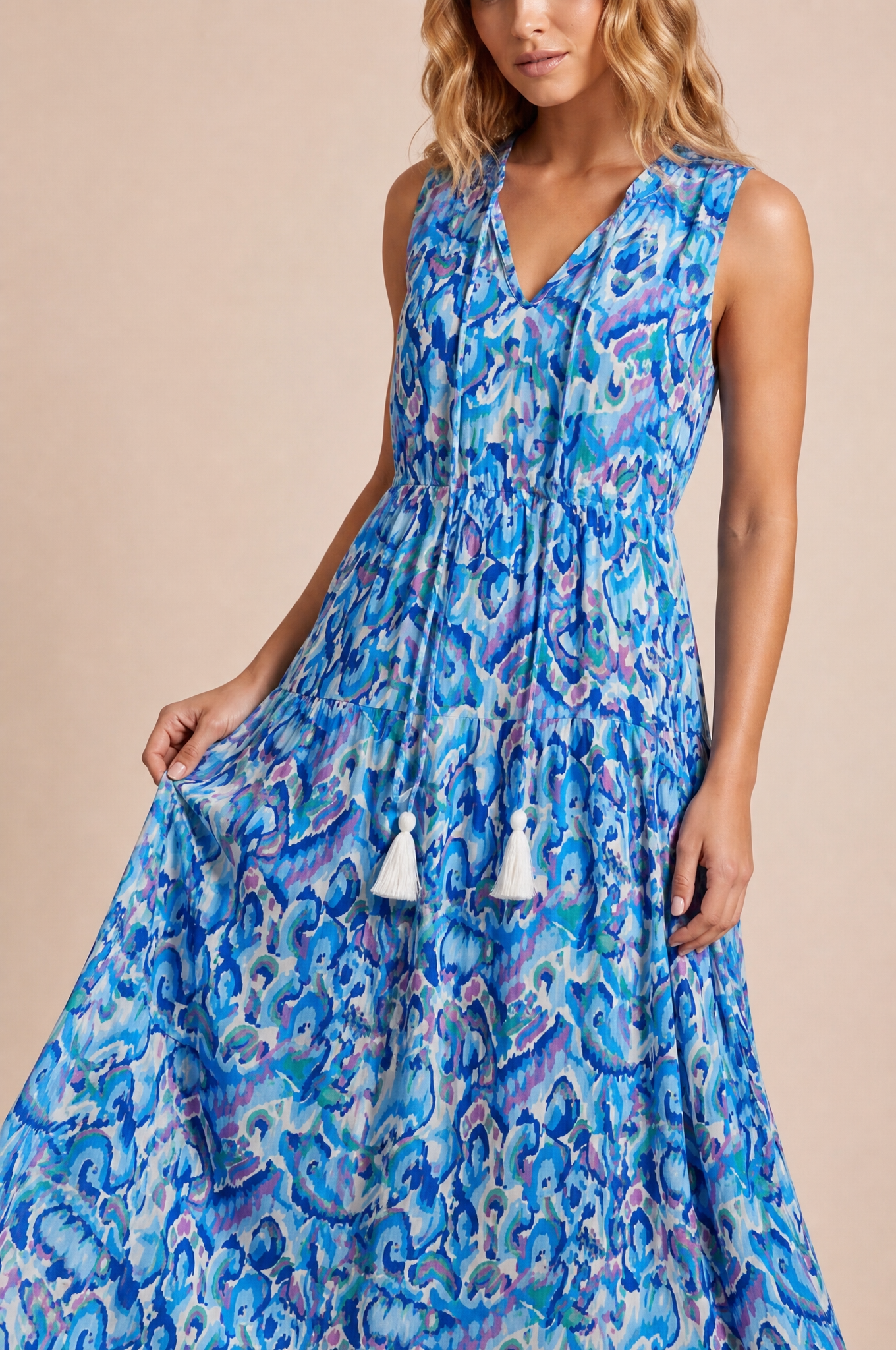 Robe imprimée col V franges | Vue rapprochée | Lounelle Paris