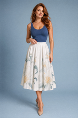 Beige Floral High-Waisted Midi Skirt