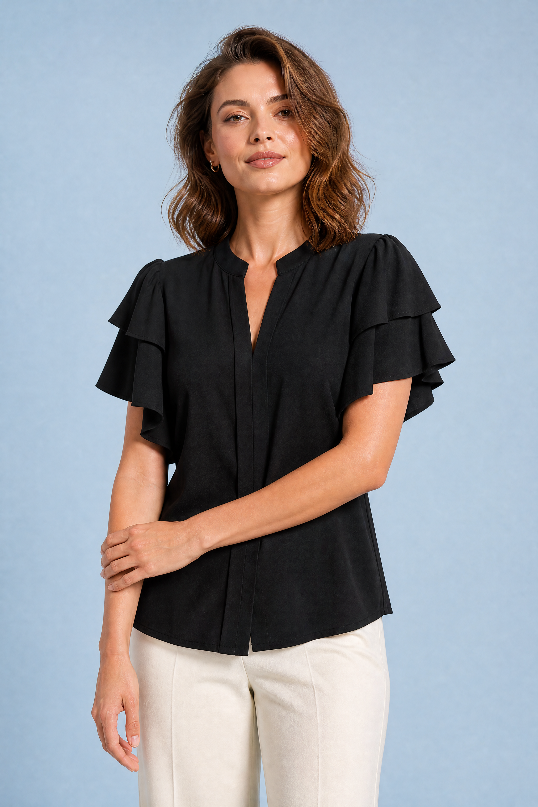 Blouse col V manches volantées | Vue rapprochée | Lounelle Paris