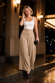 Pantalon large taille haute fluide | Variante Beige - Lifestyle | Lounelle Paris