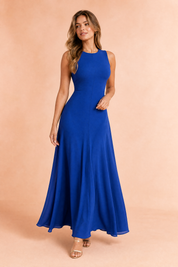 Robe longue bleue fluide sans manches | Vue de face | Lounelle Paris
