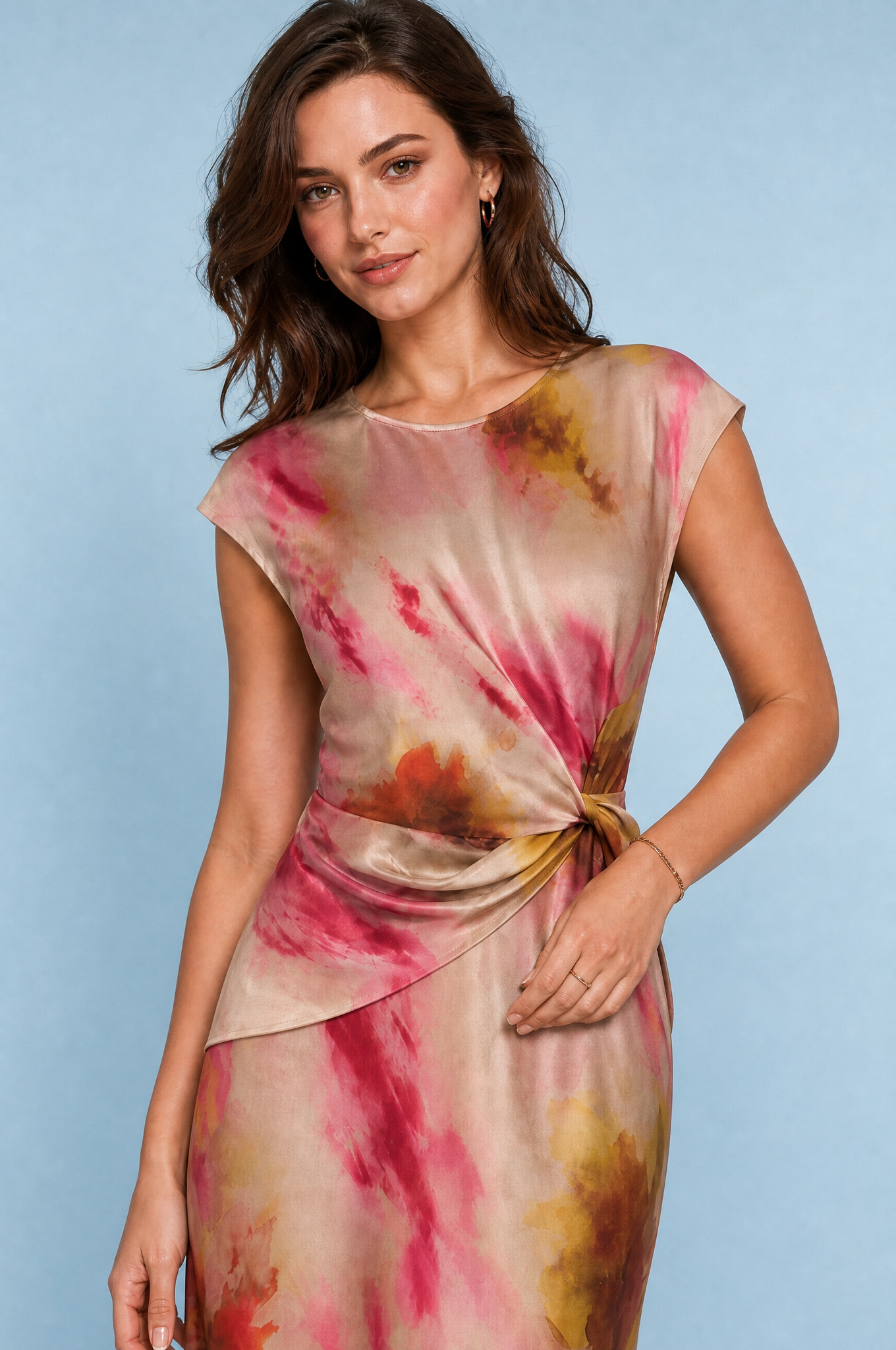 Robe longue beige rosé imprimée | Vue rapprochée | Lounelle Paris