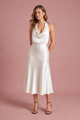 Black Satin Cowl Halter-Neck Tie-Waist Midi Dress