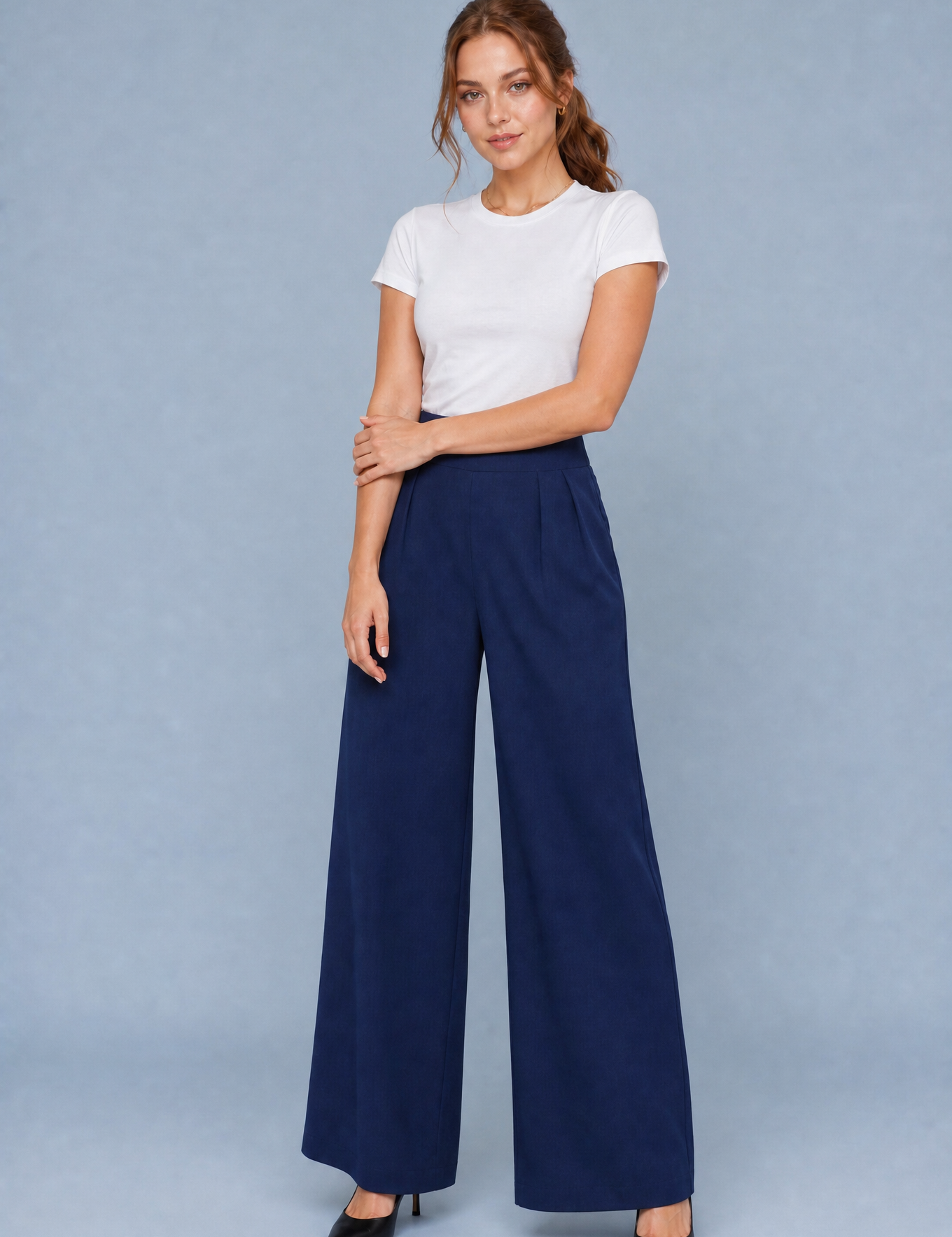Pantalon large taille haute plissé | Variante Bleu marine | Lounelle Paris