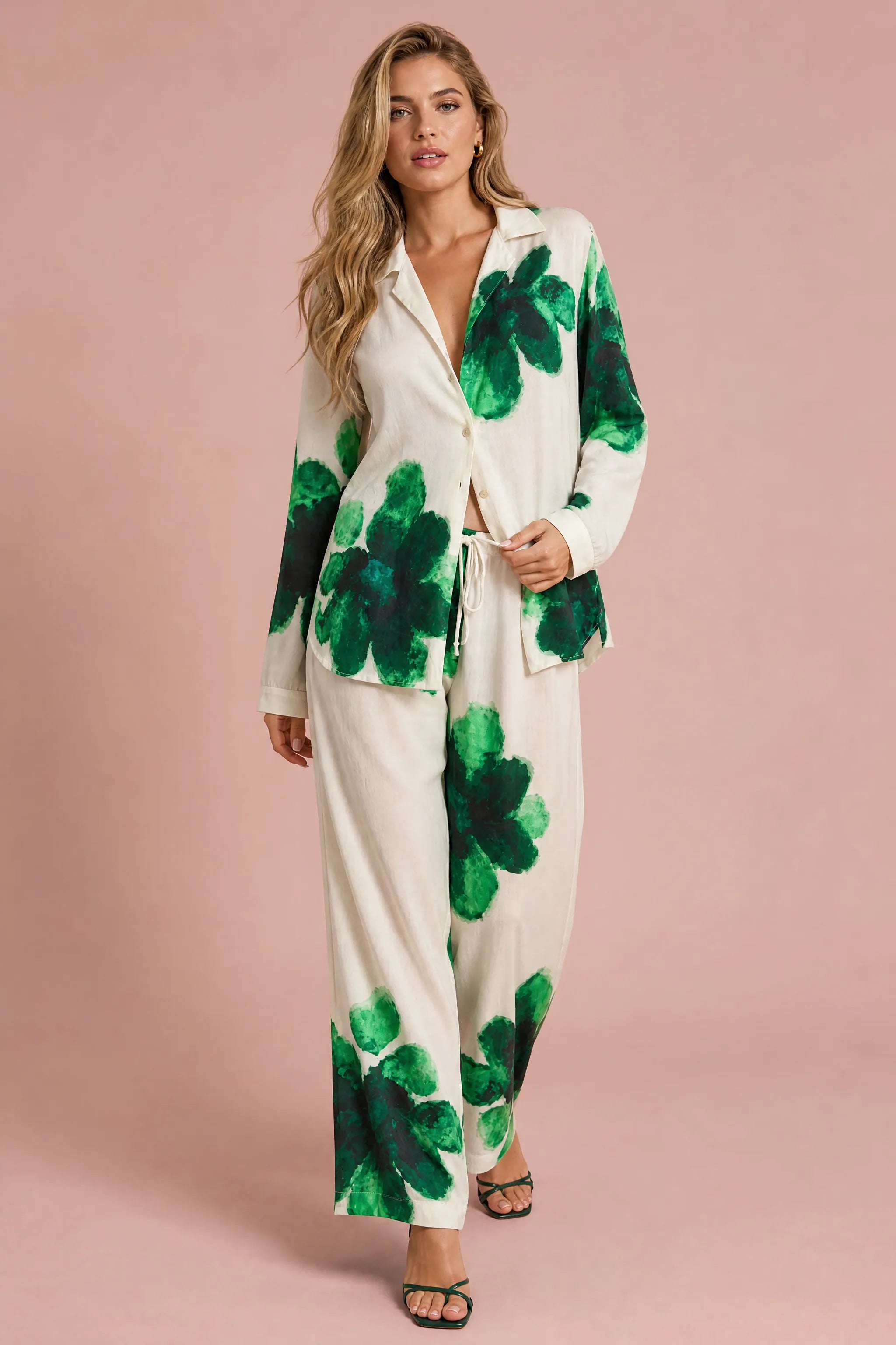 Ensemble écru fluide imprimé floral | Vue de face | Lounelle Paris