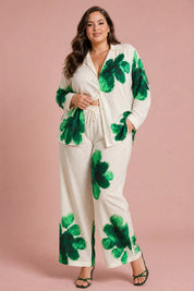 Ensemble écru fluide imprimé floral | Porté sur une silhouette plus ronde | Lounelle Paris