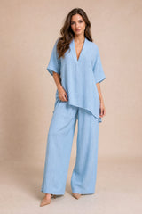 V-Neck Top and Wide-Leg Pants Set