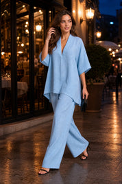 Ensemble pantalon ample col V | Deuxième photo lifestyle | Lounelle Paris