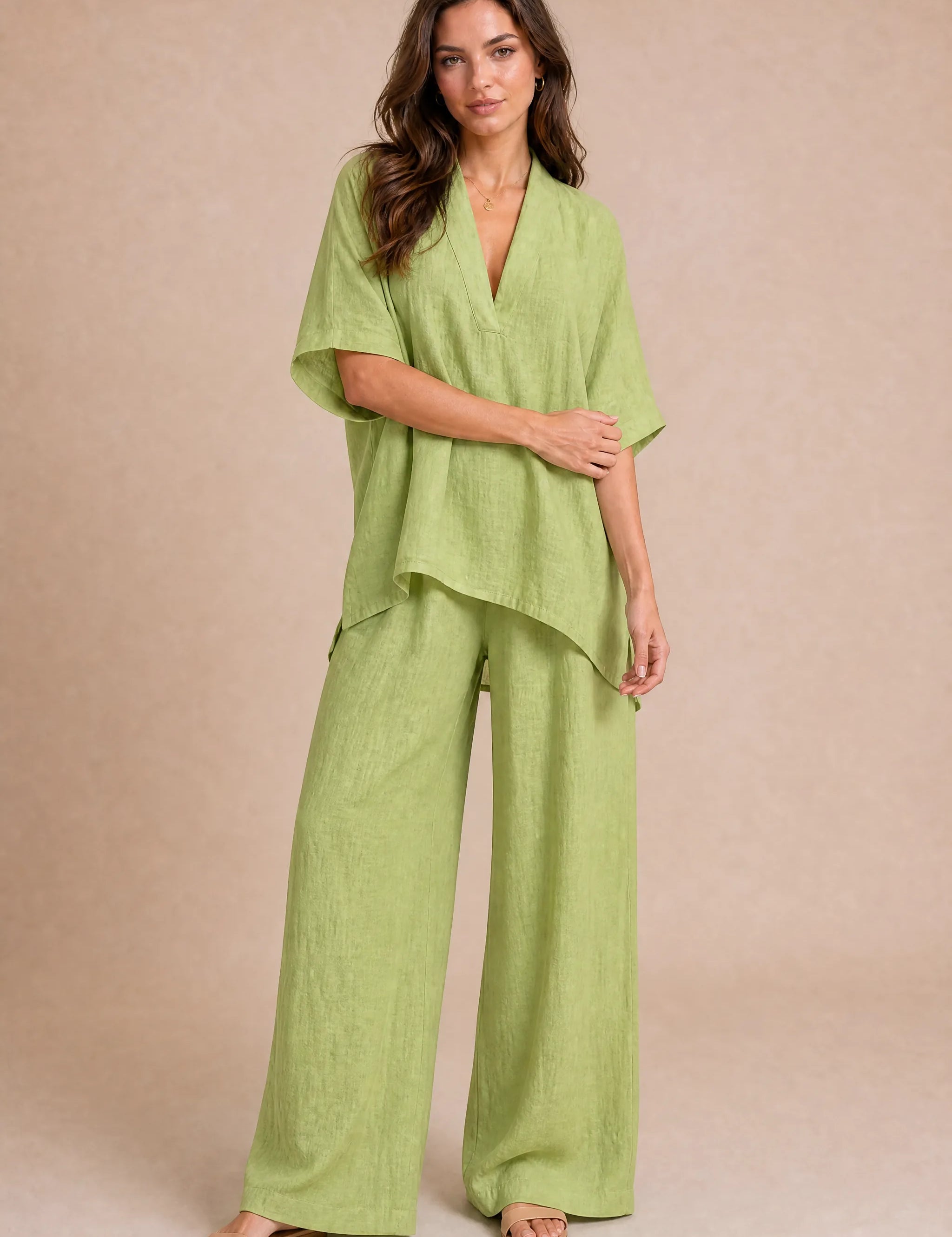 Ensemble pantalon ample col V | Variante Vert | Lounelle Paris