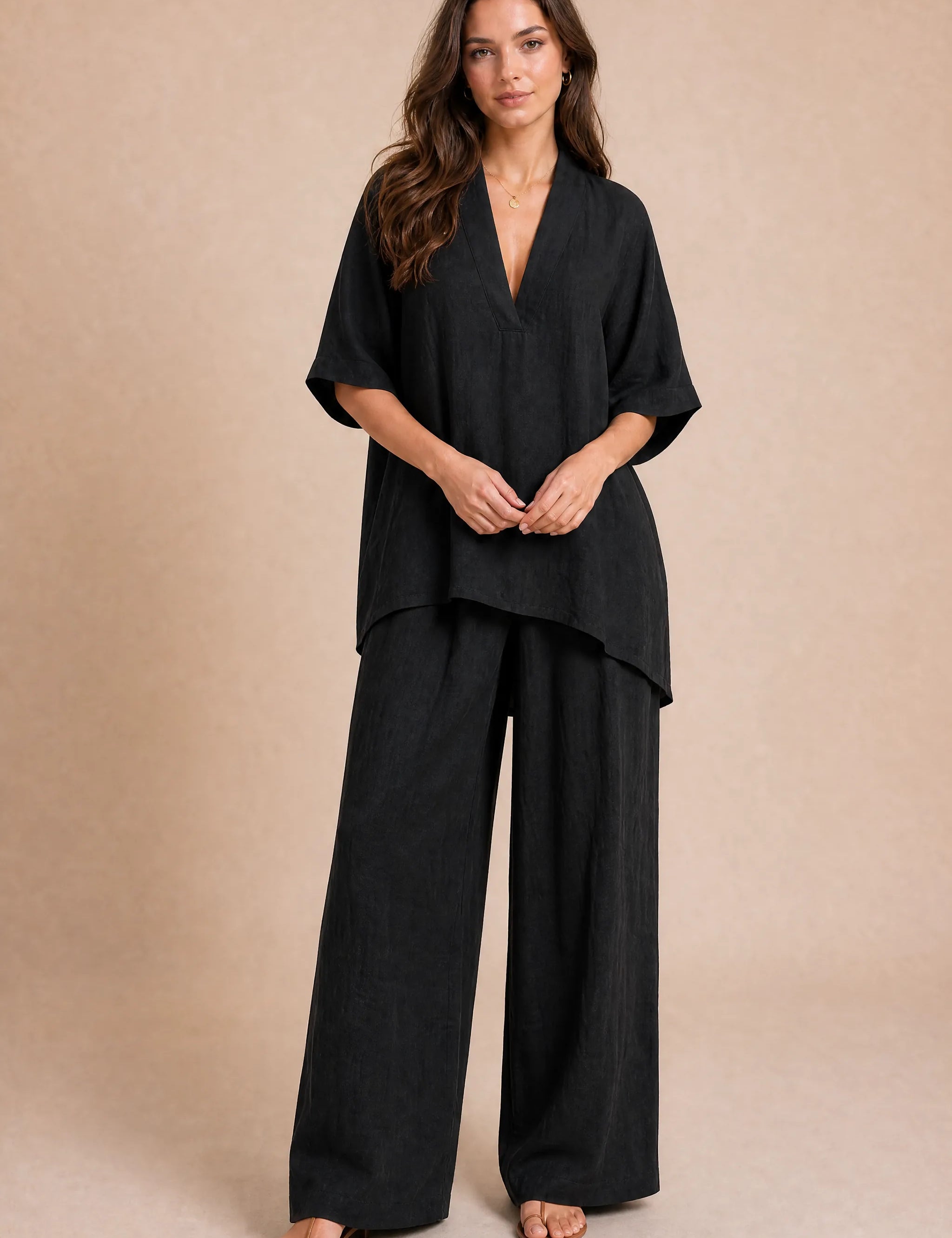 Ensemble pantalon ample col V | Variante Noir | Lounelle Paris