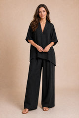 V-Neck Top and Wide-Leg Pants Set