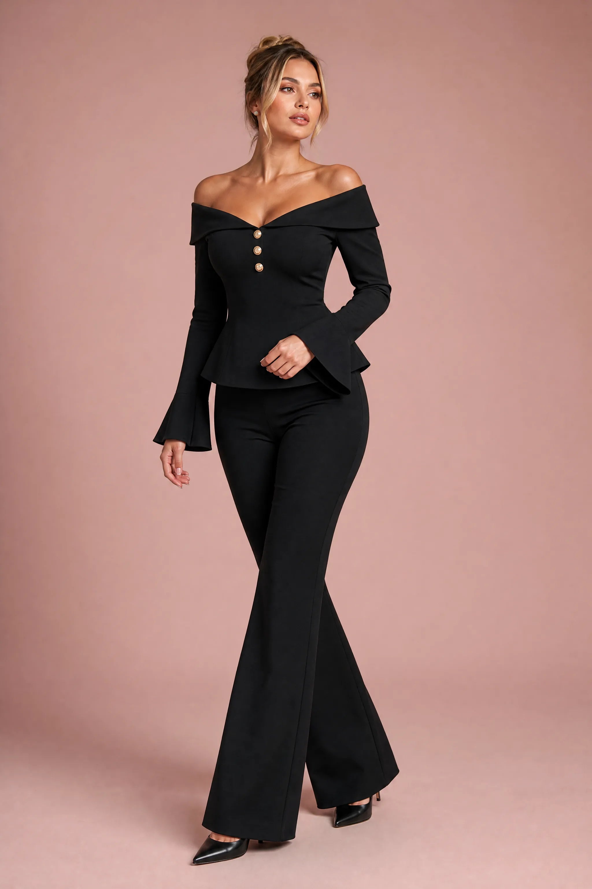 Ensemble pantalon noir à épaules dénudées | Vue de face | Lounelle Paris
