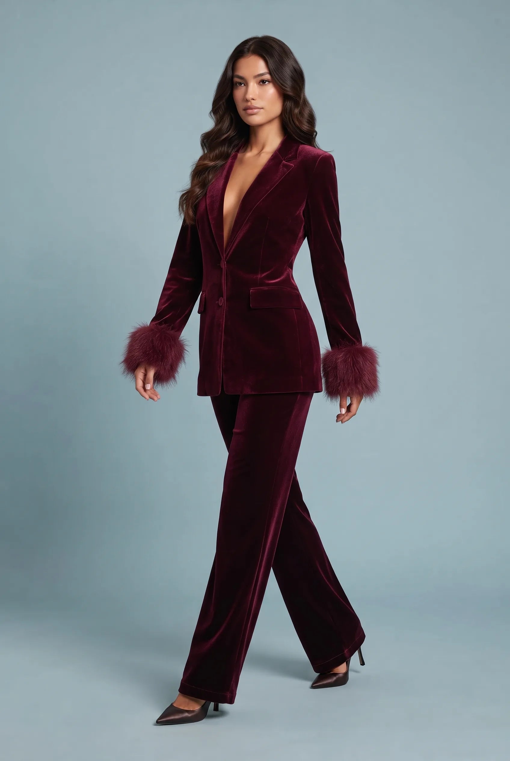 Ensemble velours bordeaux pantalon large | Vue de face | Lounelle Paris