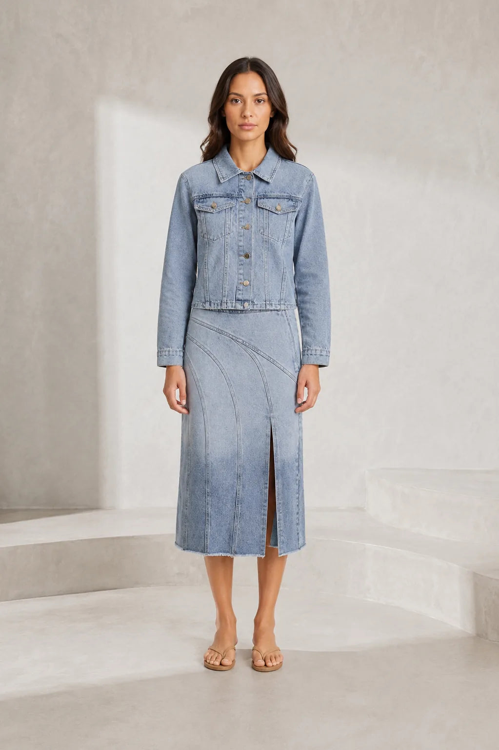 Ensemble veste jean et jupe midi | Lounelle Paris