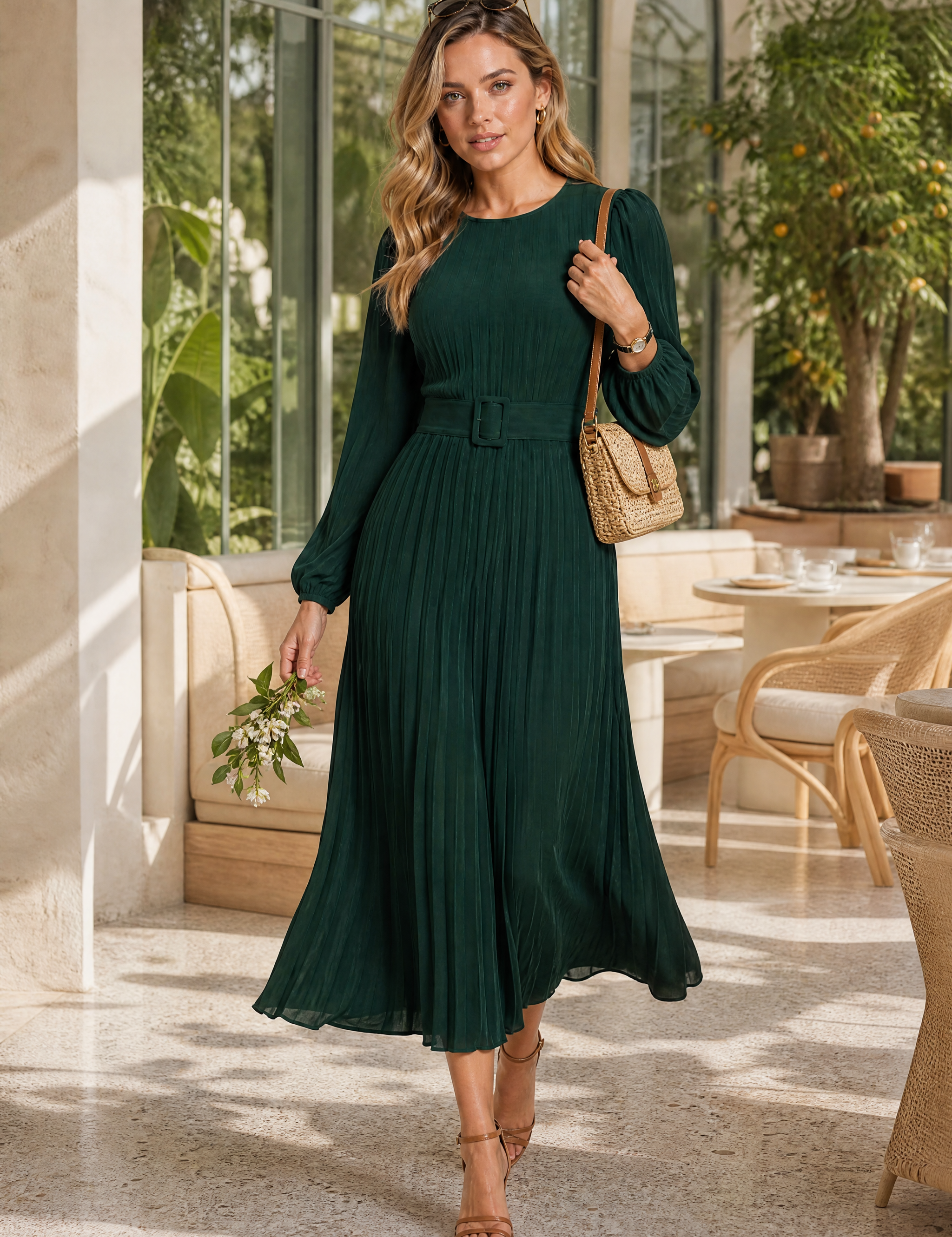 Robe longue plissée à manches bouffantes | Photo lifestyle | Lounelle Paris