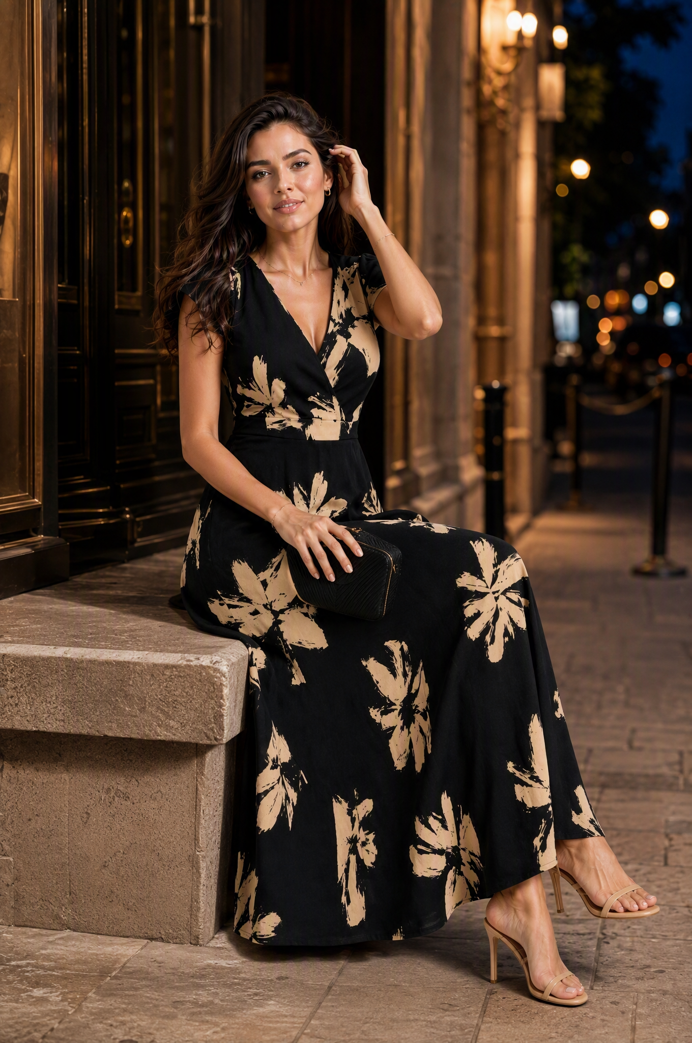 Robe longue imprimée col V | Variante Noir - Lifestyle | Lounelle Paris