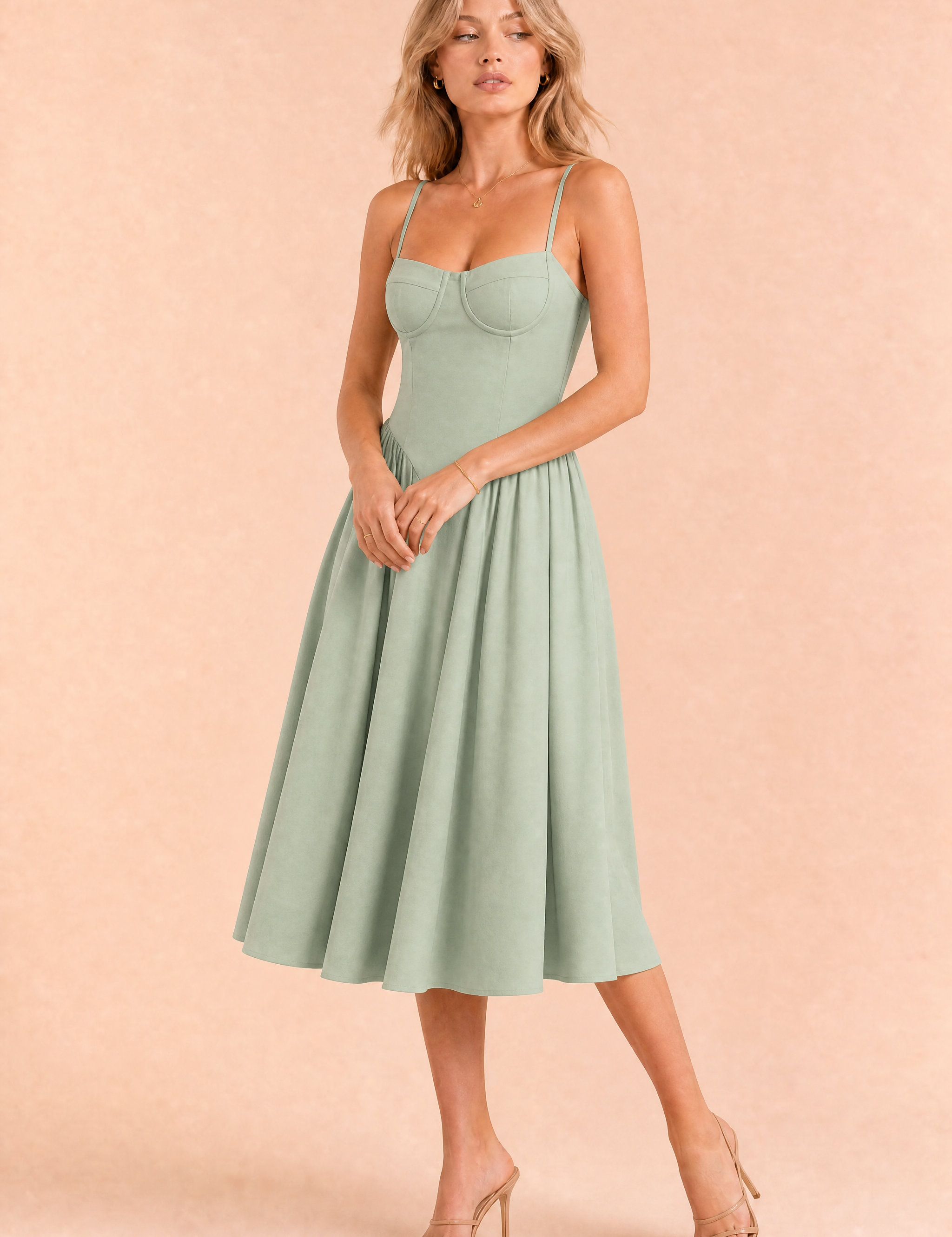 Robe midi à fines bretelles encolure droite | Variante Vert | Lounelle Paris