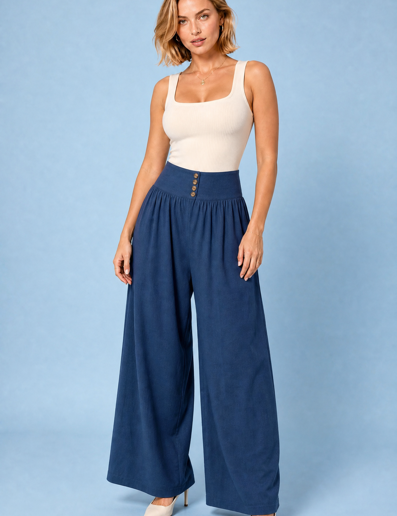 Pantalon large plissé taille haute | Variante Bleu | Lounelle Paris
