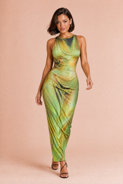 Robe verte imprimée sans manches | Vue en mouvement | Lounelle Paris