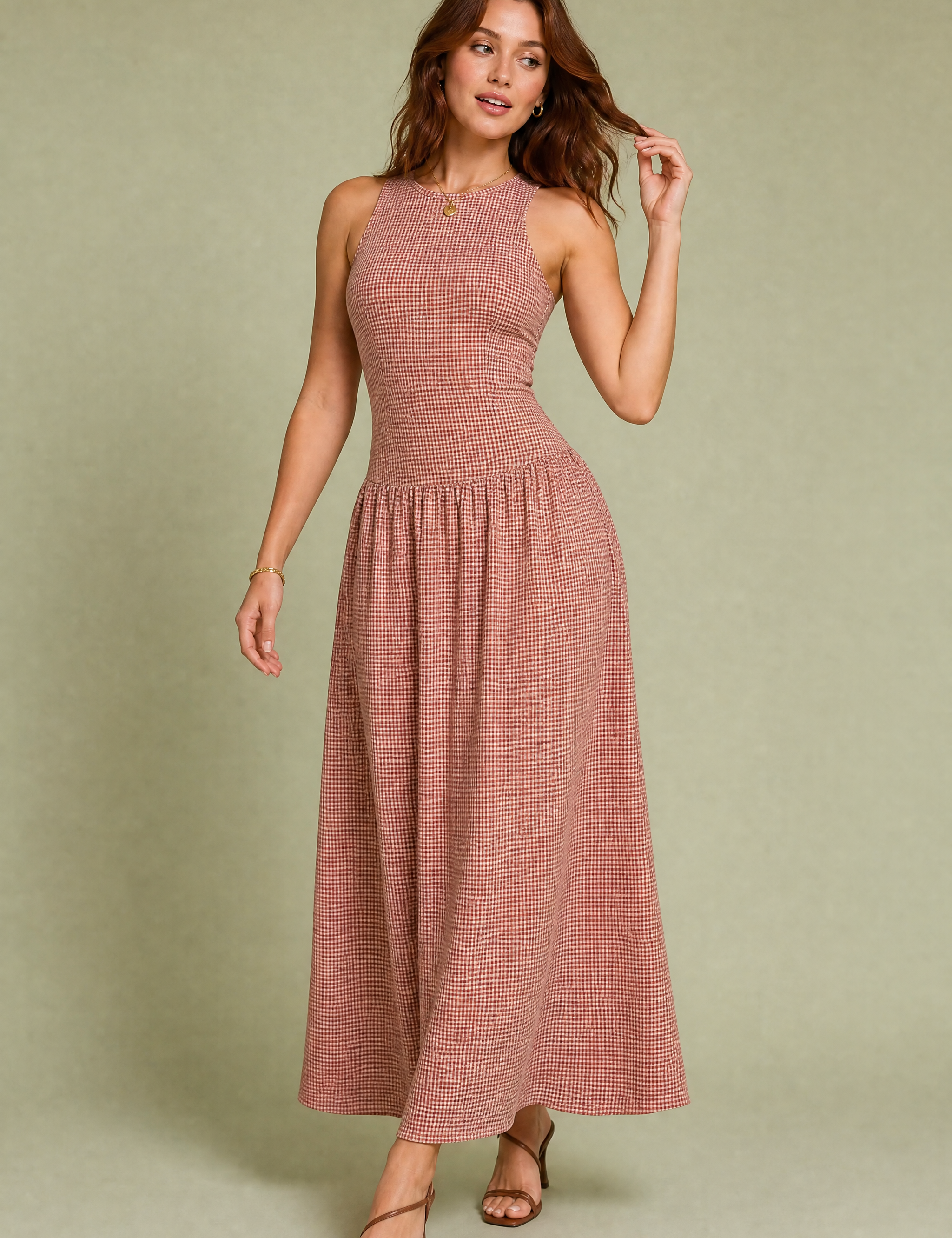 Robe longue vichy smockée | Vue de face | Lounelle Paris