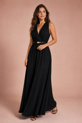 Black V-neck belted dress