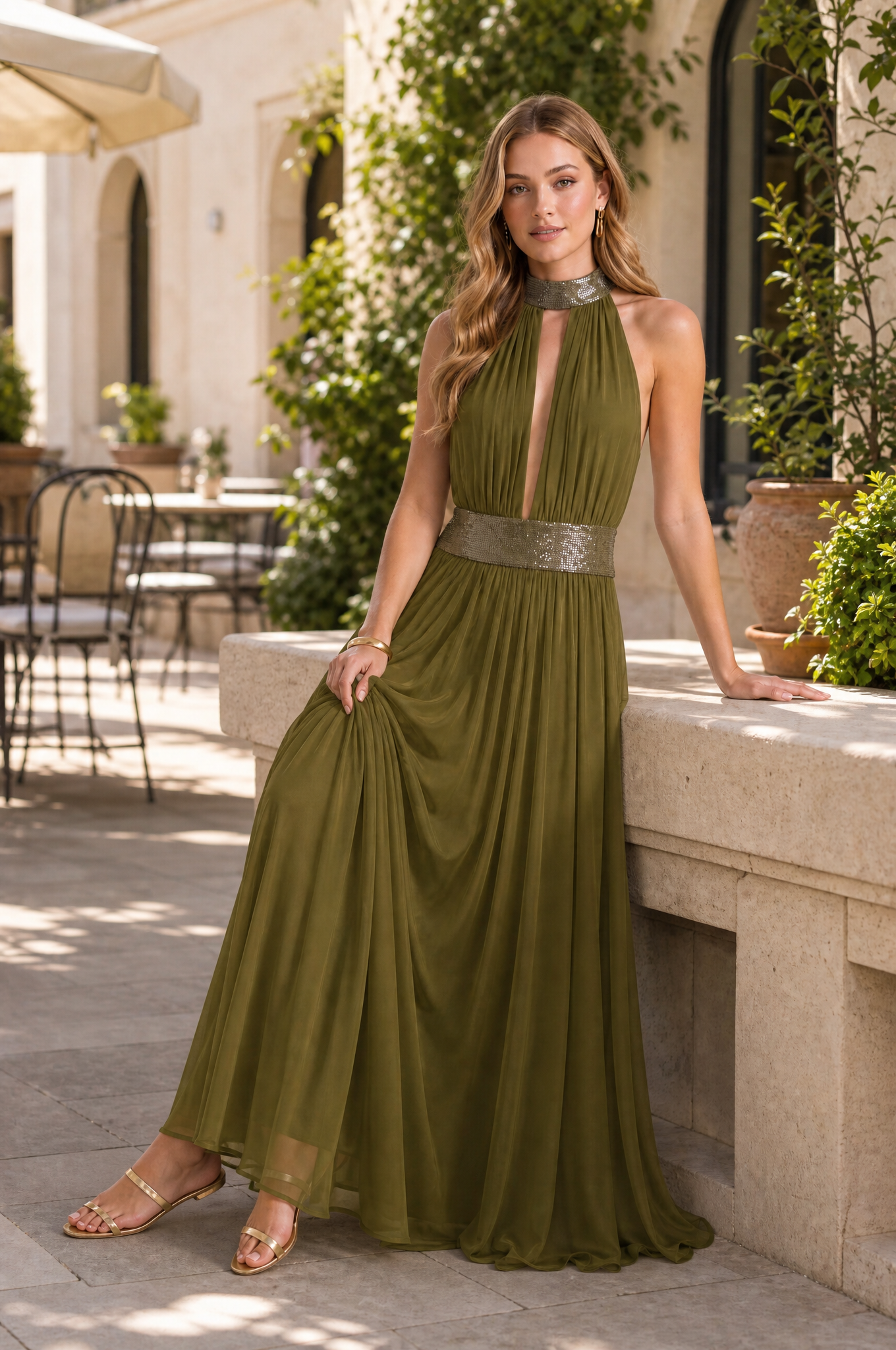 Robe longue col licou dos nu | Variante Vert - Lifestyle | Lounelle Paris