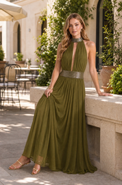 Robe longue col licou dos nu | Variante Vert - Lifestyle | Lounelle Paris