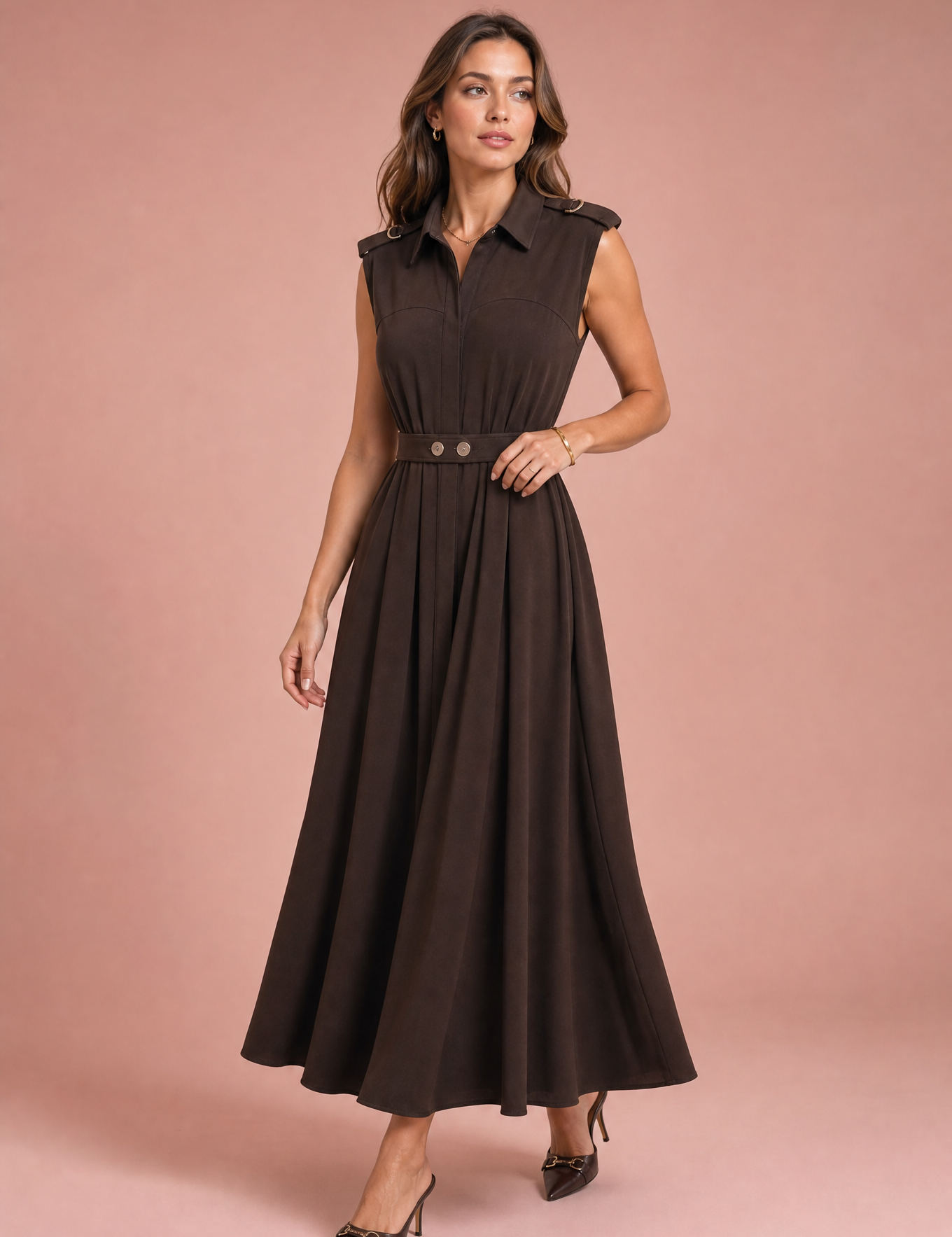 Robe marron col chemise ceinturée | Vue de face | Lounelle Paris