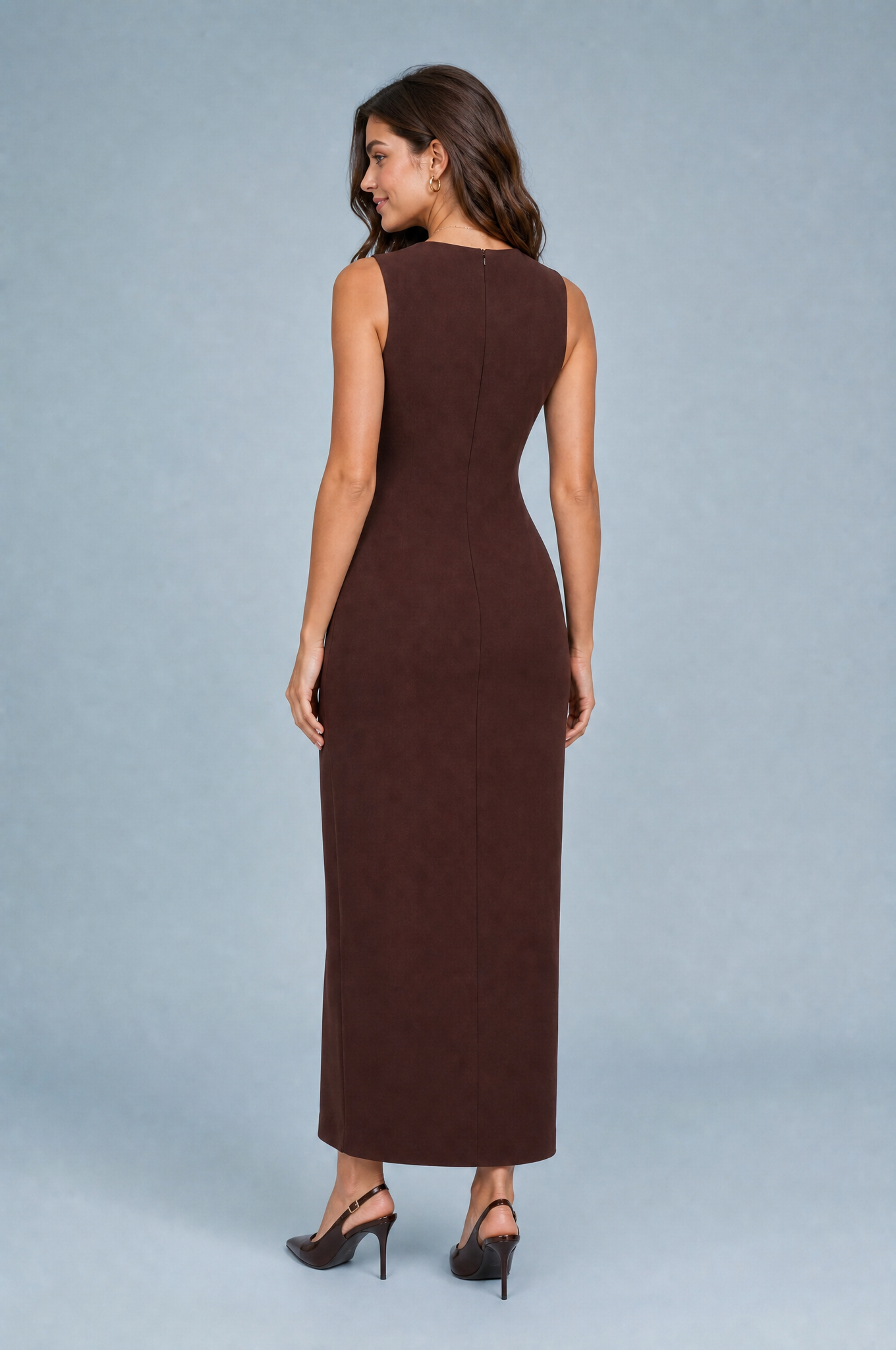 Robe longue col V ceinturée | Vue de dos | Lounelle Paris